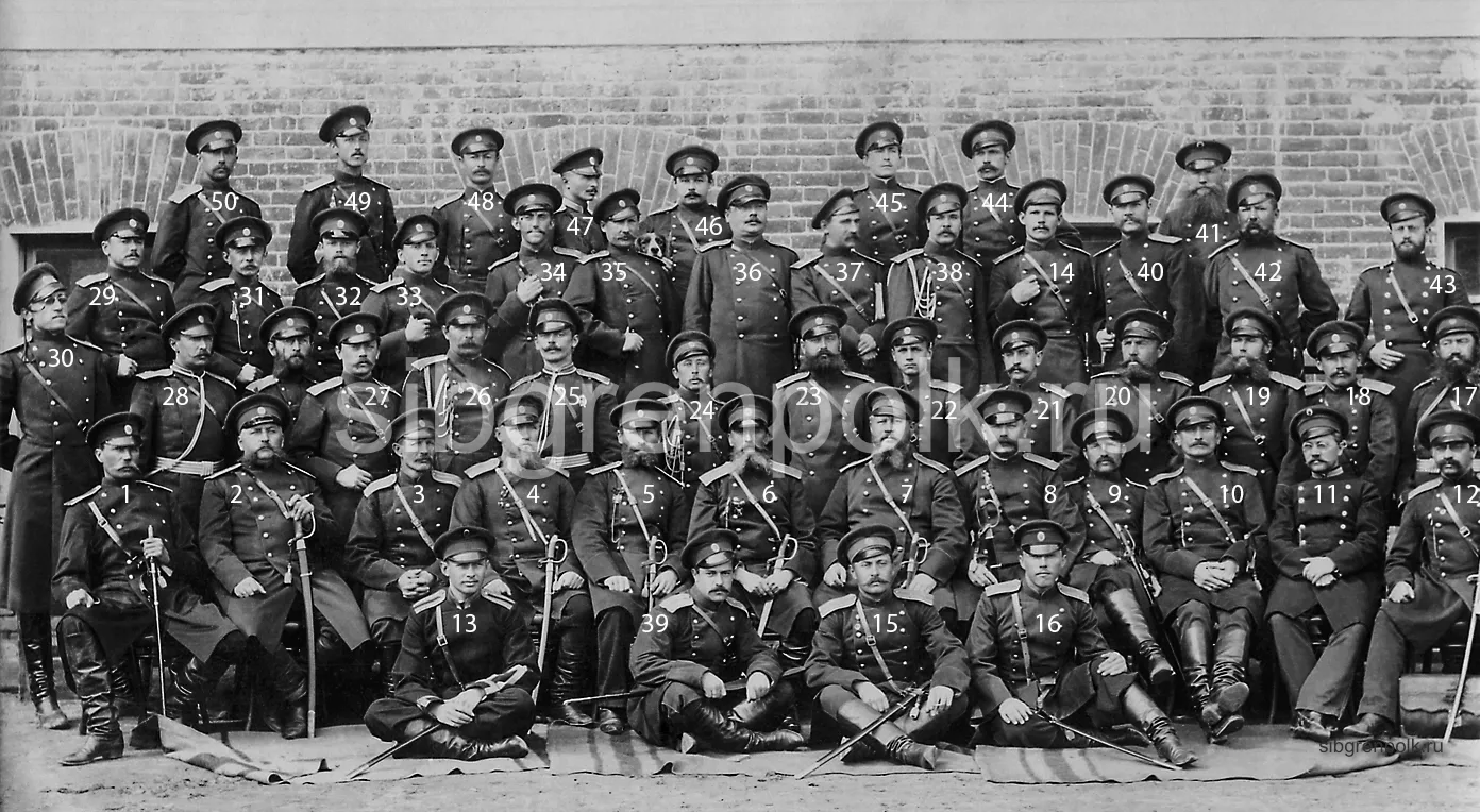 Октябрь 1892 года, прибытие полка на постоянные квартиры в губ. город Владимир. (Из частной коллекции). Первый ряд сидят (слева направо): 1. капитан Жуков Михаил Николаевич – командир 2 гренадерской роты, 2. штабс-капитан Татаринов Венедикт Степанович – командир 1 гренадерской роты, 3. подполковник Лобасов Григорий Алексеевич – заведующий полковым хозяйством, 4. подполковник Луганин Федор Иванович – командир 2 батальона, 5. подполковник Просинский Вацлав Мерцилин Лаврентьевич – командир 1 батальона, 6. полковник Внуков Василий Васильевич – командир полка, 7. подполковник Ананьев Яков Павлович – командир 4 батальона, 8. капитан Михаловский Северин Иванович – командир 13 гренадерской роты, 9. капитан Прелюбопытов Иван Иванович – командир 15 гренадерской роты, 10. капитан Пашковский Станислав Францевич – командир 6 гренадерской роты, 11. титулярный советник Богинский Николай Викентьевич – делопроизводитель хозяйственной части, 12. штабс-капитан Лачинов Апполон Васильевич – командир 11 гренадерской роты. Сидят перед первым рядом (слева направо): 13. подпоручик Мачильский Борис Аркадьевич – субалтерн-офицер 8 гренадерской роты, 39. неизвестный, 15. поручик Алексеев Николай Васильевич – адъютант 4 батальона, 16. подпоручик Липюшенко Петр Авраамович – субалтерн-офицер 1 гренадерской роты. Второй ряд стоят (справа налево): 17. поручик Хрусталев Петр Николаевич – субалтерн-офицер 9 гренадерской роты, 18. неизвестный, 19. поручик Колосов Григорий Тимофеевич – командир нестроевой роты, 20. штабс-капитан Пиотрович Леонтий Константинович – командир 9 гренадерской роты, 21. подпоручик Синельников Александр Дмитриевич – субалтерн-офицер 14 гренадерской роты, 22. подпоручик Головинский Алексей Васильевич – субалтерн-офицер 12 гренадерской роты, 23. поручик Андреев Николай Георгиевич – командир 4 гренадерской роты, 24. подпоручик Бутыркин Петр Николаевич – адъютант 2 батальона, 25. поручик Каверин Николай Николаевич – командир 12 гренадерской роты, 26. поручик Болдок Людовик Антонович – адъютант 1 батальона, 26. подпоручик Лебедев Леонид Иванович – субалтерн-офицер 6 гренадерской роты, далее стоит поручик Медведков Хрисотель Владимирович – заведующий оружием, 28. неизвестный, 30. подпоручик Медвадовский Иосиф Панкратий Антонович – субалтерн-офицер 1 роты. Третий ряд стоят (слева направо): 29. поручик Фиксен Василий Николаевич – жалонерный офицер 3 гренадерской роты, 31. капитан Макаревич Казимир Осипович – командир 14 гренадерской роты, 32. поручик Кравков Алексей Алексеевич – и.д. полкового квартирмейстера, 33. поручик Ушаков Александр Георгиевич – и.д. полкового адъютанта, 34. поручик Протасов Александр Иванович – субалтерн-офицер 8 гренадерской роты, 35. штабс-капитан Кудрявцев Константин Феопемтович – командир 8 гренадерской роты, 36. штабс-капитан Грудзинский Иосиф Владимирович – командир 5 гренадерской роты, 37. поручик Жевандров Дмитрий Андреевич – заведующий охотничьей командой, 38. неизвестный, 14. подпоручик Чижов Виктор Николаевич – субалтерн-офицер 4 гренадерской роты, 40. поручик Подстаницкий Виктор Николаевич – командир 10 гренадерской роты, 41. коллежский регистратор Банович Моисей Львович – капельмейстер, 42. штабс-капитан Значко-Яворский Иван Константинович – командир 3 гренадерской роты, 43. неизвестный, 44. подпоручик Говоров Александр Александрович – субалтерн-офицер 3 гренадерской роты, 45. неизвестный, 46. подпоручик Ланге Сергей Петрович – делопроизводитель судной части, 47. неизвестный, 48. неизвестный, 49. подпоручик Селиванов-1 Владимир Дмитриевич – субалтерн-офицер 7 гренадерской роты, 50. неизвестный. (Из частной коллекции)