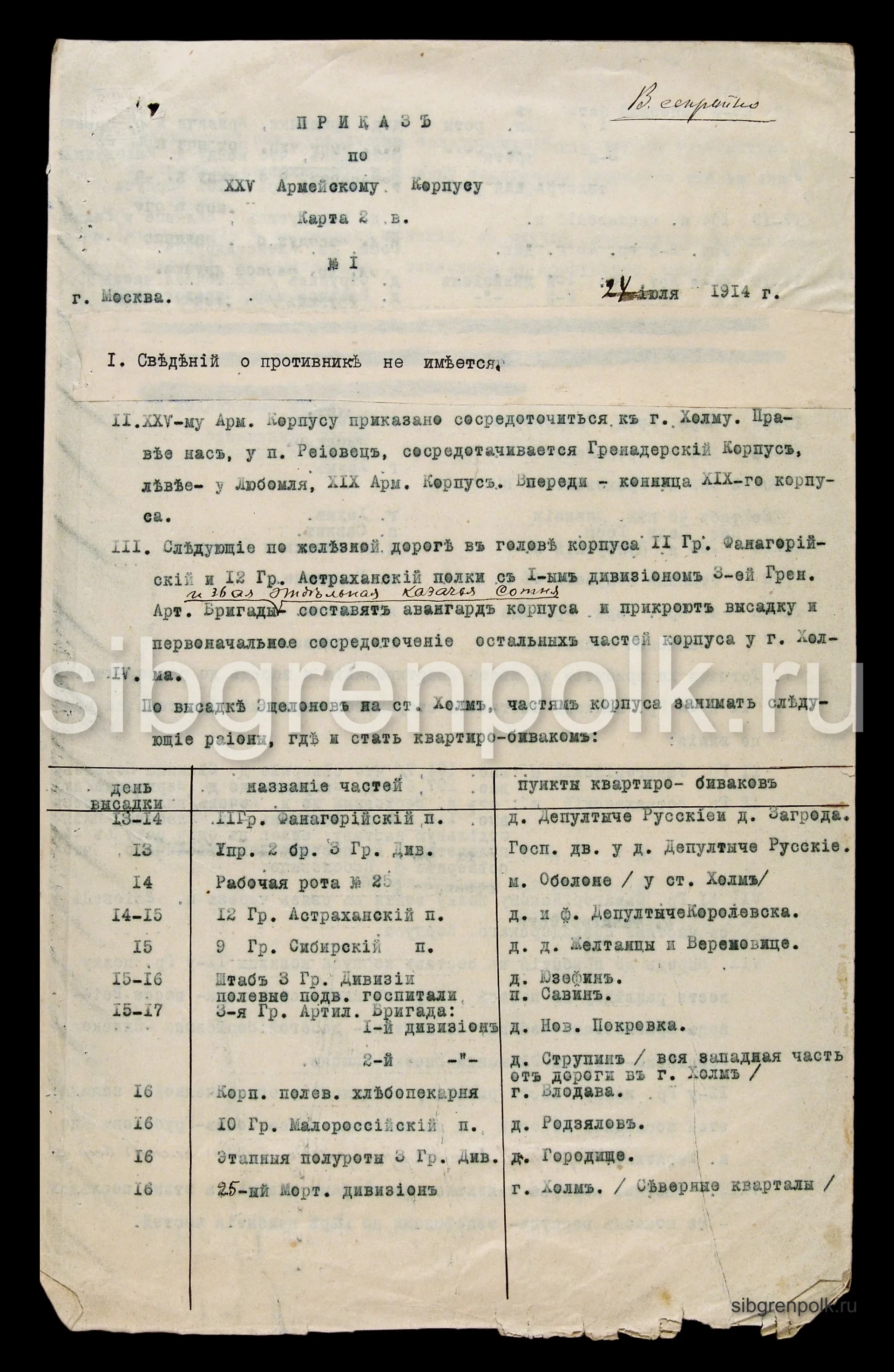 Приказ № 1 по 25-му армейскому корпусу от 24 июля 1914 года. г. Москва. (РГВИА).