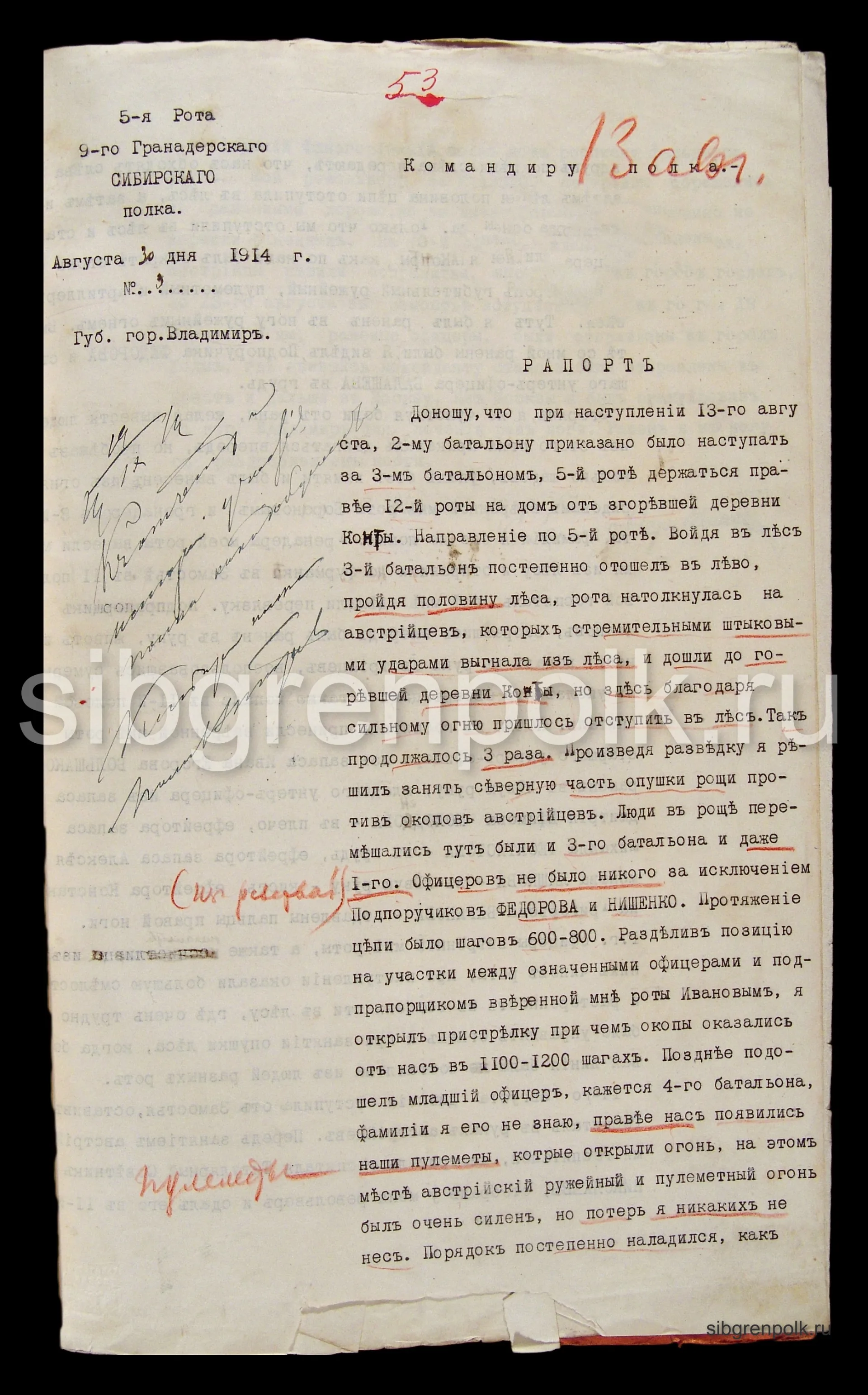 Рапорт командира 5-й гренадерской роты капитана Аермонского командиру полка полковнику Токареву В.Н. от 30 августа 1914 года о действиях роты 13-14 августа (РГВИА)