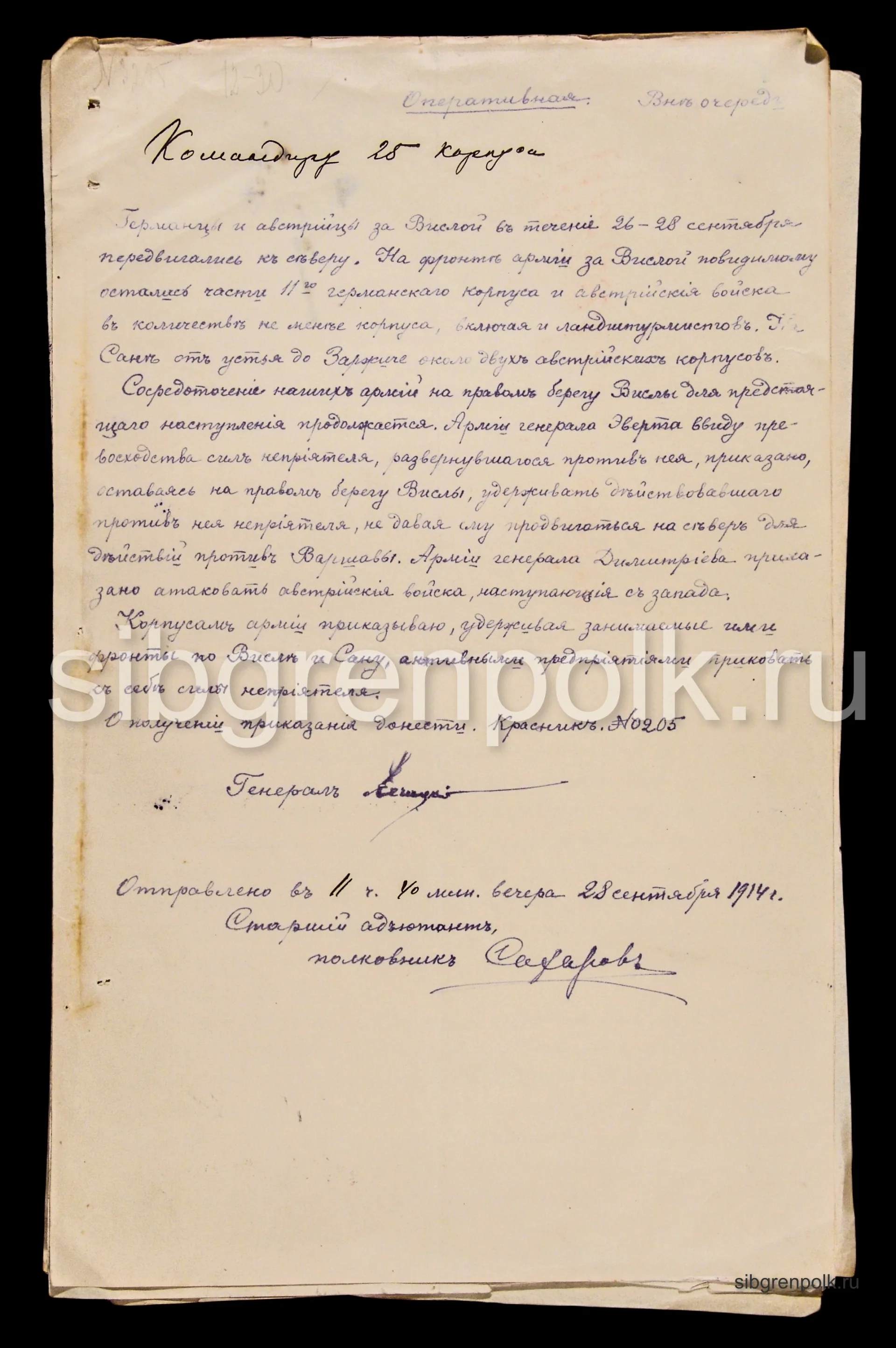 Распоряжение командующего 9-й армии генерала от инфантерии Лечицкого П.А. командиру XXV корпуса от 28 сентября 1914 года с приказанием удерживать позицию по рекам Висле и Сану, сковывая противника по фронту. (РГВИА).