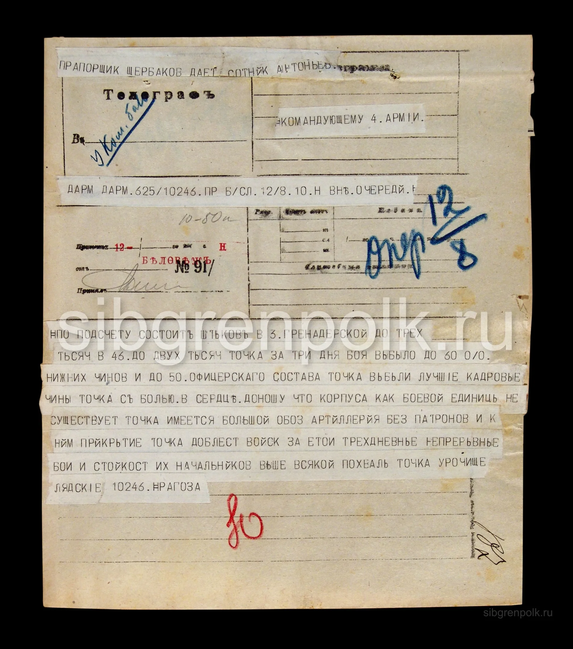 Телеграмма командира 25 АК генерала от инфантерии Рагозы А.Ф. командующему IV Армии от 12 августа 1915 года о потерях в частях корпуса за период боев с 9.08 – 12.08. (РГВИА).