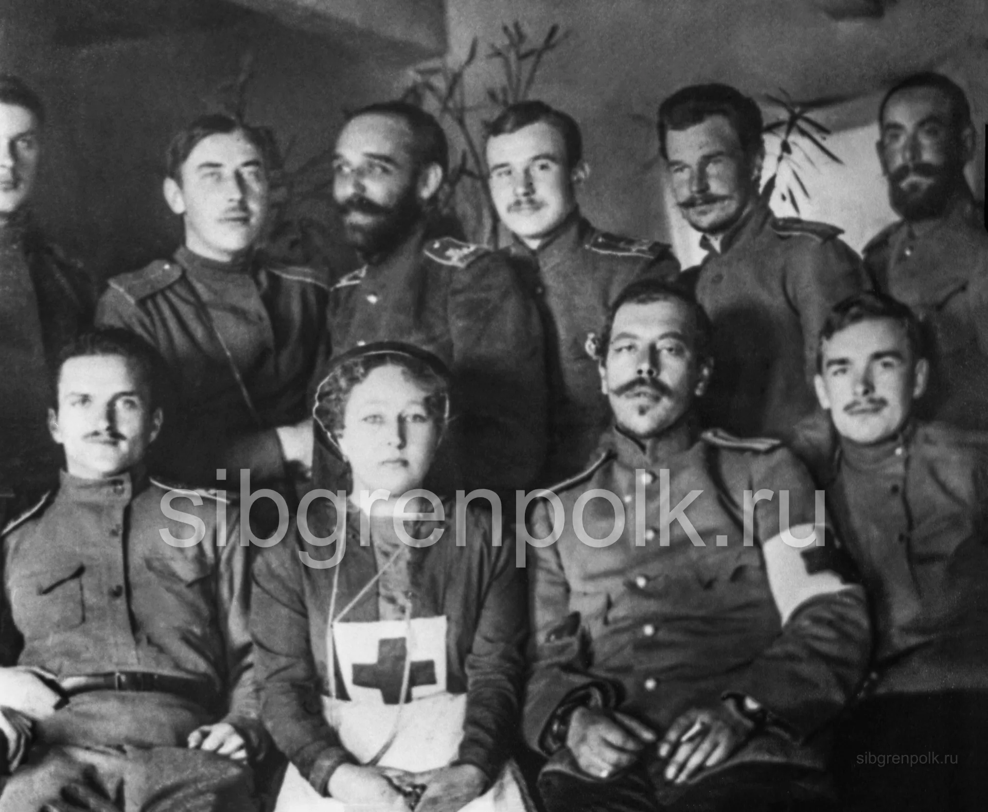 Медсестра и полковой врач среди офицеров полка. Март 1915 г. (РГАКФД)