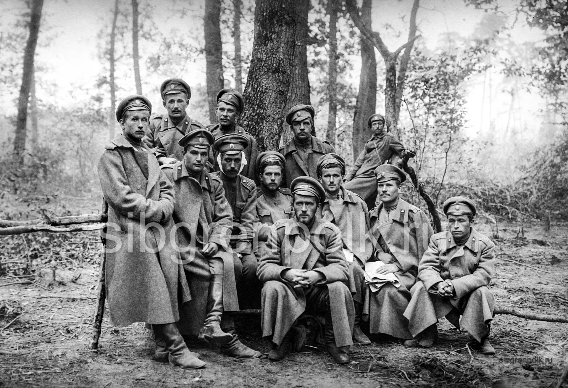Офицеры 3-го батальона. Второй справа поручик Москвичев Е.Ф., крайний слева поручик Бобырь Л.Г. Волынская губерния 19 сентября 1917 года. (РГАКФД)