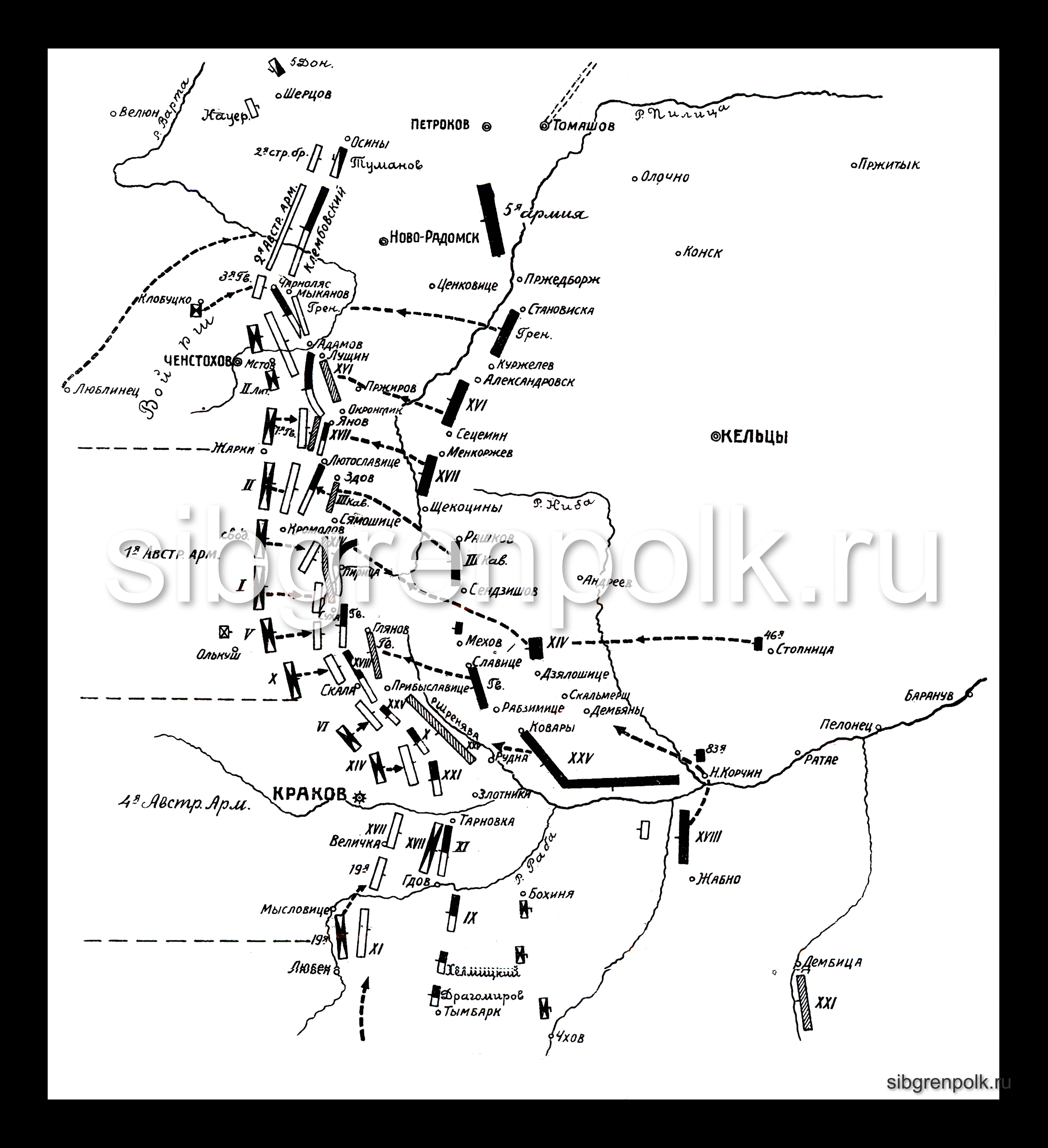 Схема Ченстоховско – Краковской операции 1/14 – 14/27 ноября 1914 г.